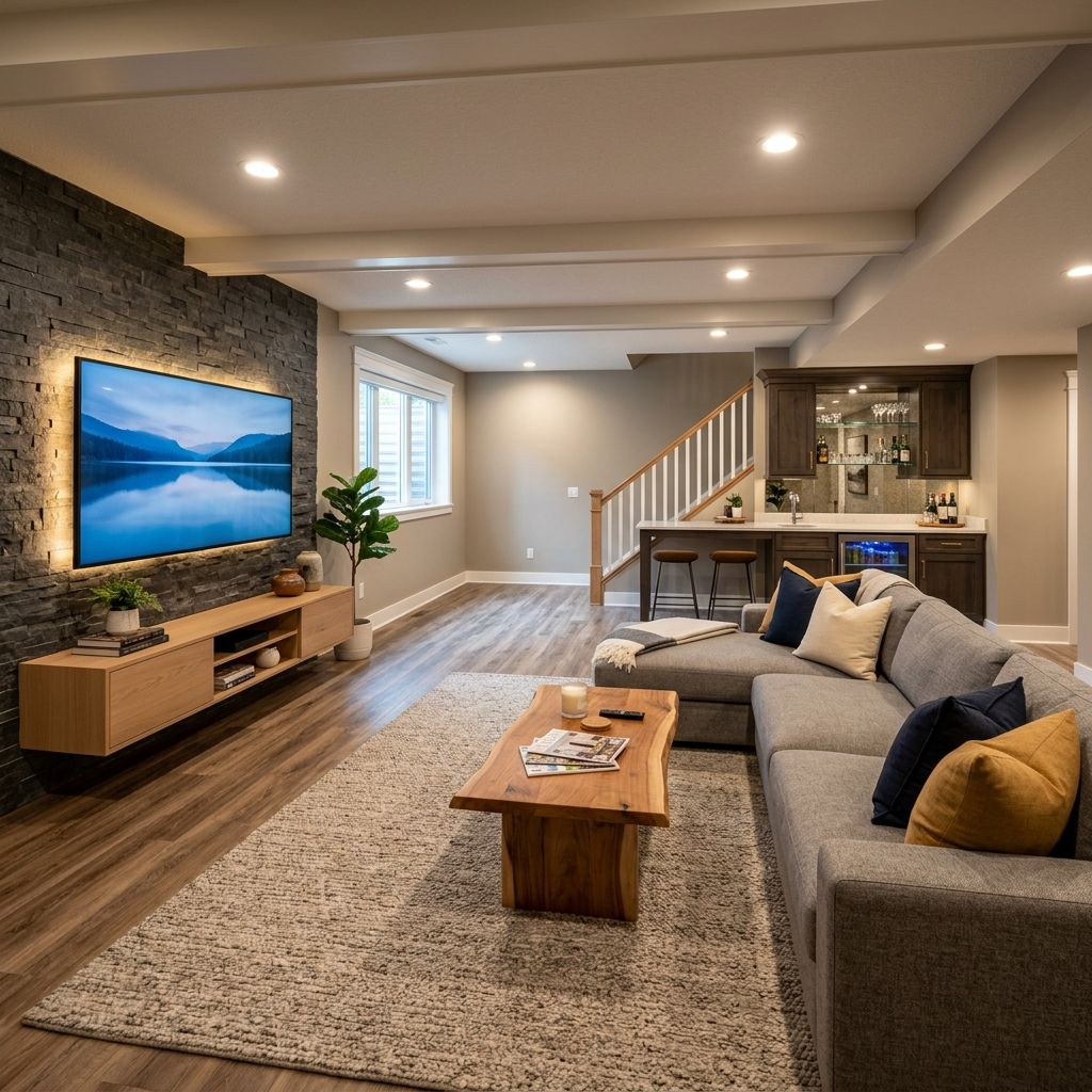 Beautifully finished basement living space with warm lighting and modern design