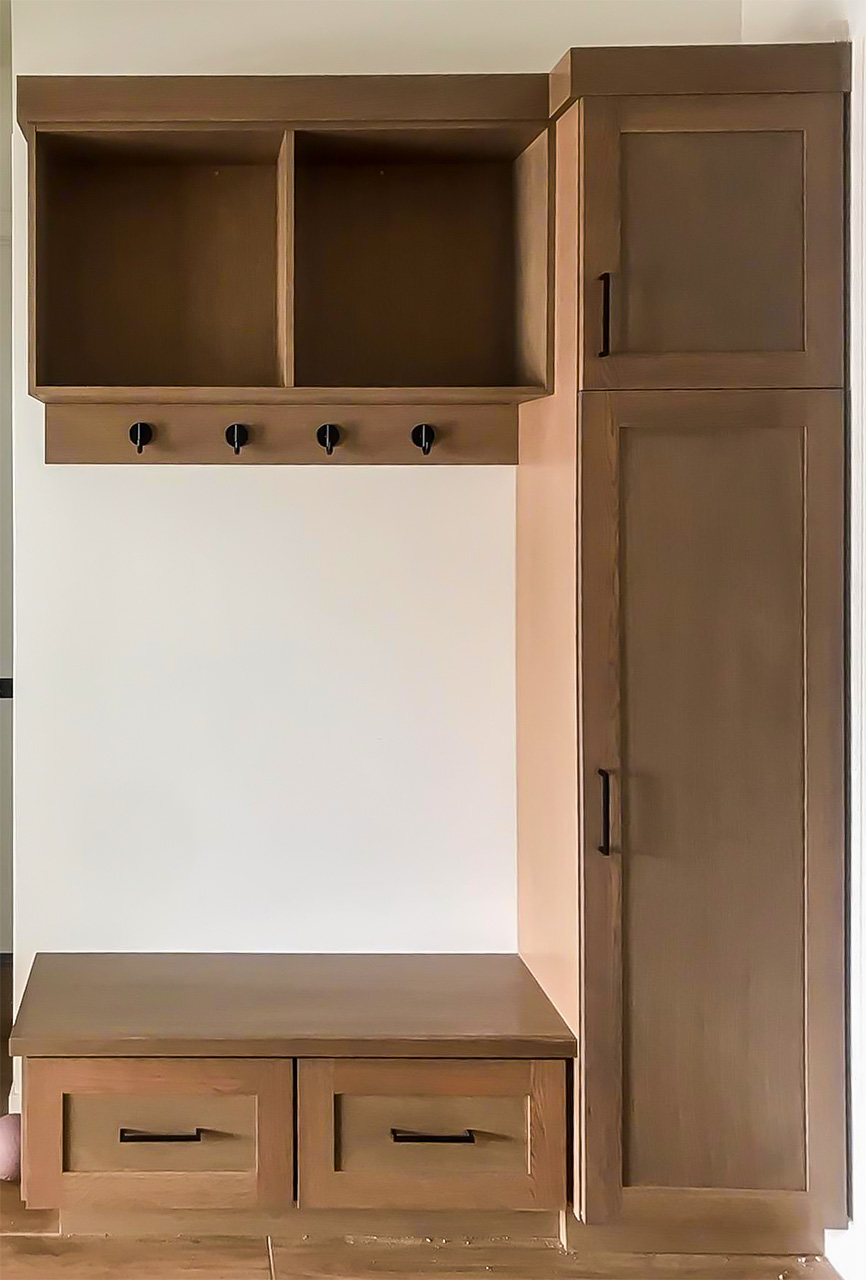 Rift-cut white oak mudroom cabinets